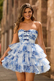 Strapless Tiered White Blue Flower Homecoming Dress with Lace Up Back