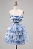 White and Blue Floral Ruffled Short Cocktail Dress with Bows