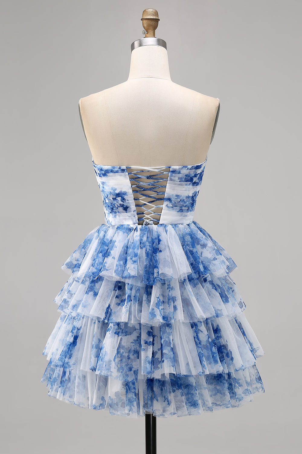 Strapless Tiered White Blue Flower Homecoming Dress with Lace Up Back