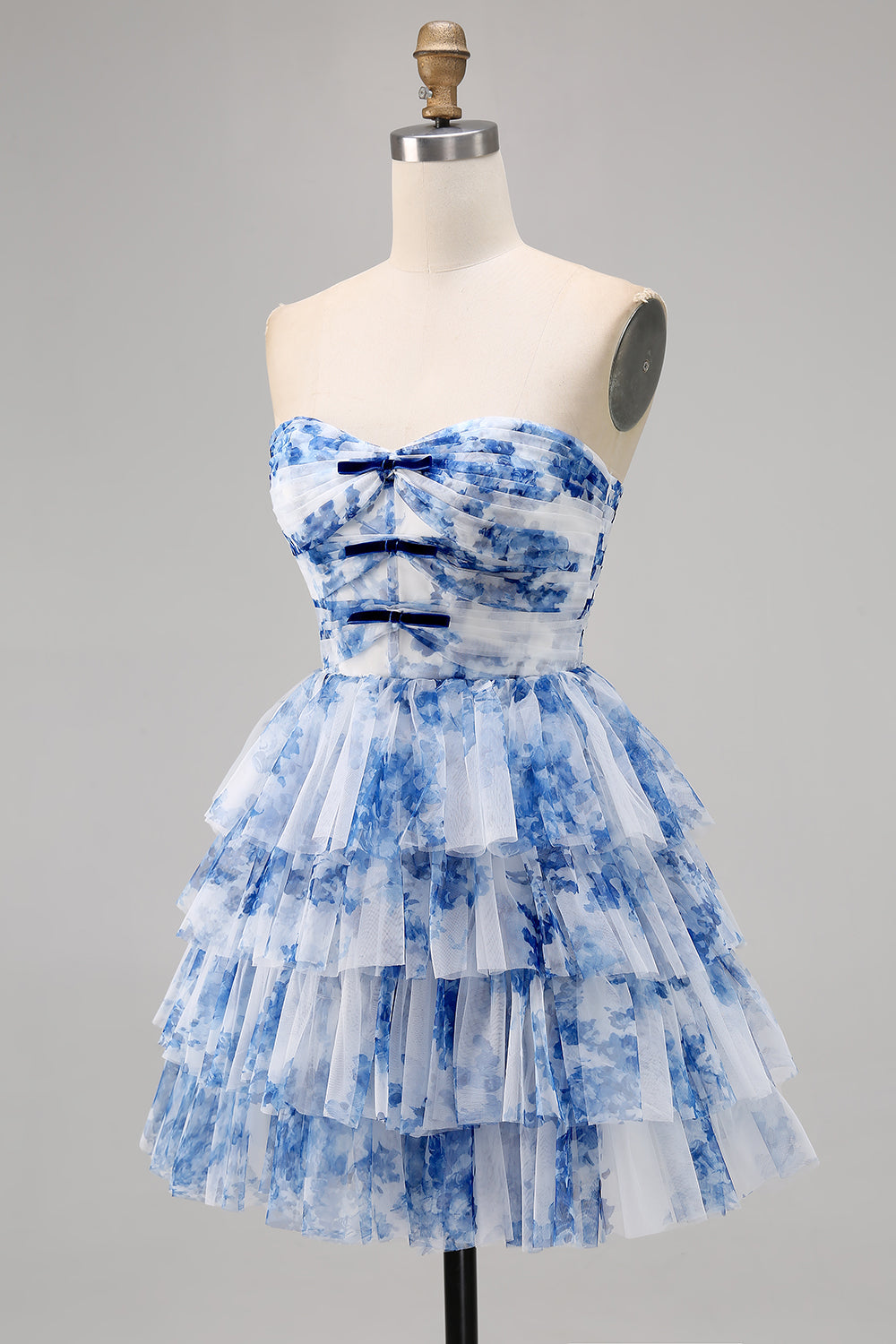 White and Blue Floral Ruffled Short Cocktail Dress with Bows