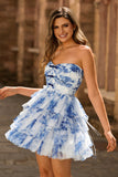 Strapless Tiered White Blue Flower Homecoming Dress with Lace Up Back