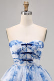 White and Blue Floral Ruffled Short Cocktail Dress with Bows
