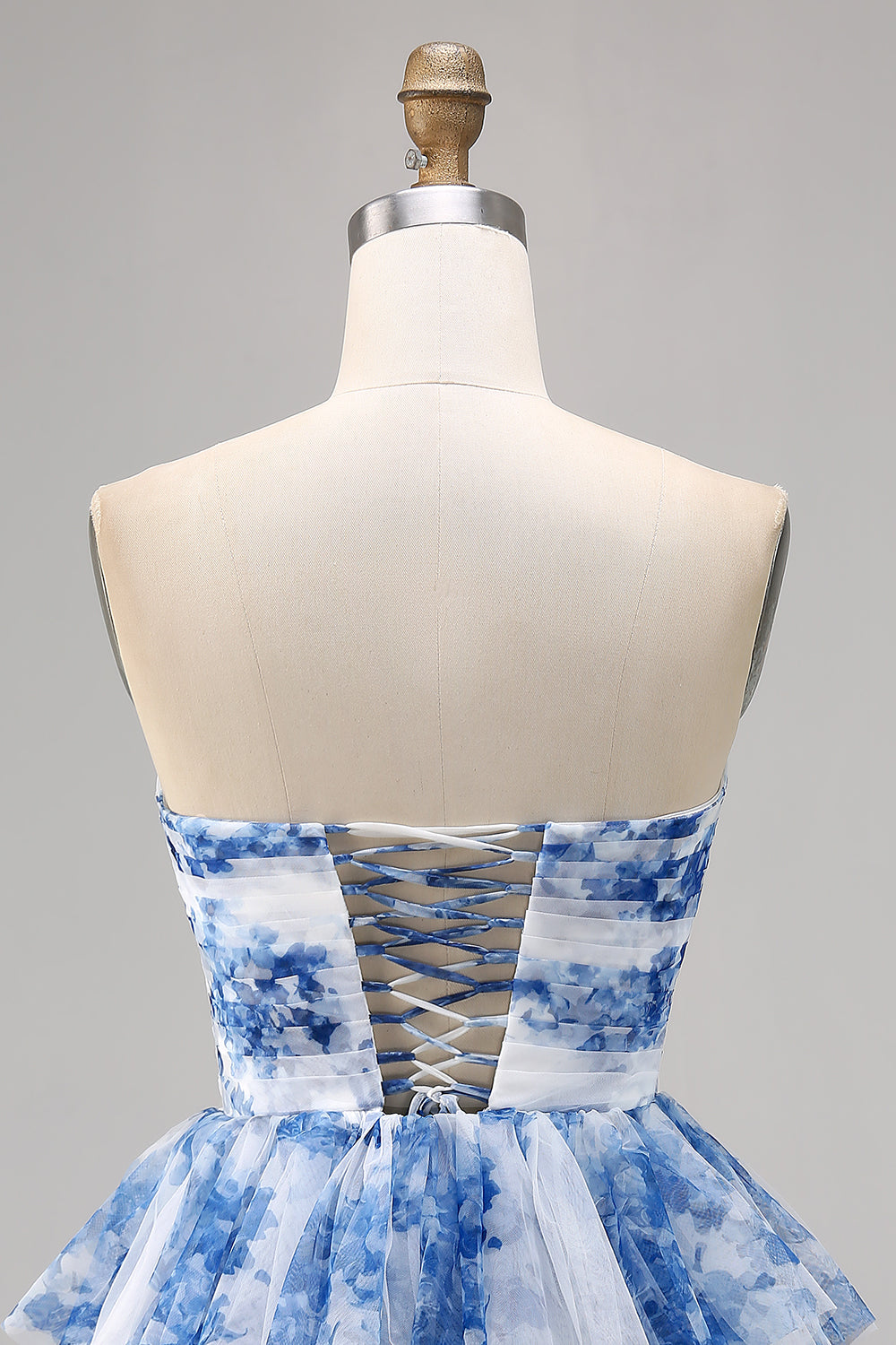 White and Blue Floral Ruffled Short Cocktail Dress with Bows