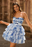 Strapless Tiered White Blue Flower Homecoming Dress with Lace Up Back