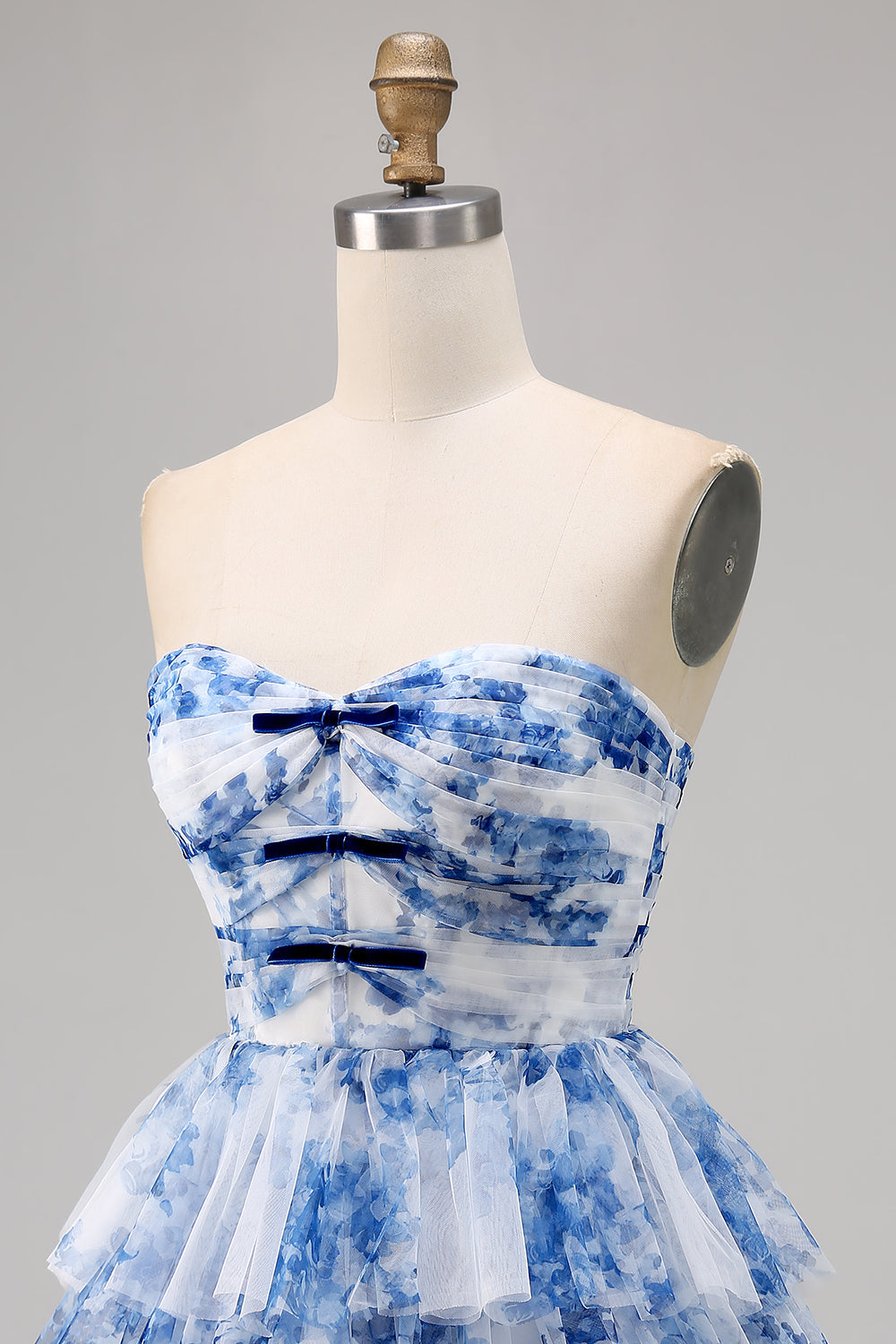 White and Blue Floral Ruffled Short Cocktail Dress with Bows