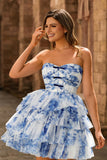 Strapless Tiered White Blue Flower Homecoming Dress with Lace Up Back