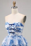 White and Blue Floral Ruffled Short Cocktail Dress with Bows