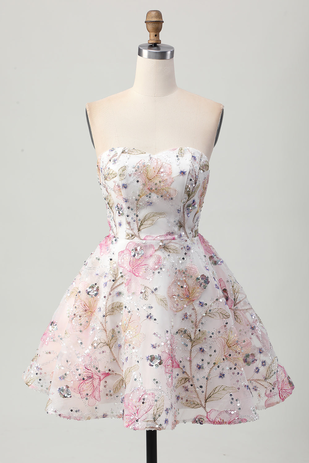 Sparkly A-Line Strapless Pink Floral Short Cocktail Dress with Sequins