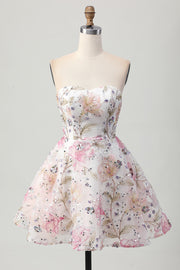 Sparkly A-Line Strapless Pink Floral Short Cocktail Dress with Sequins