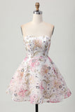 Sparkly A-Line Strapless Pink Floral Short Cocktail Dress with Sequins
