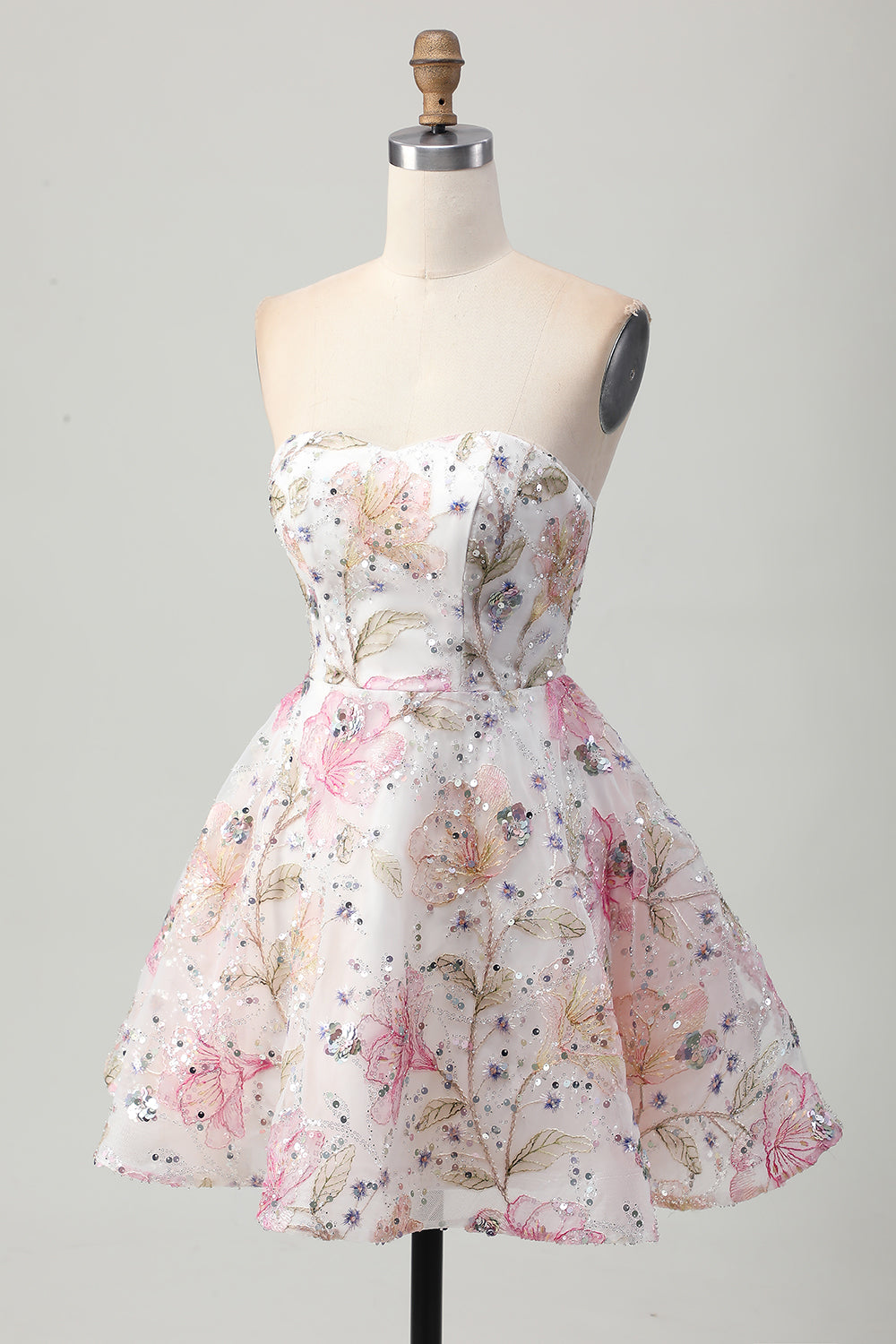 Sparkly A-Line Strapless Pink Floral Short Cocktail Dress with Sequins