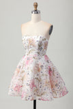 Sparkly A-Line Strapless Pink Floral Short Cocktail Dress with Sequins