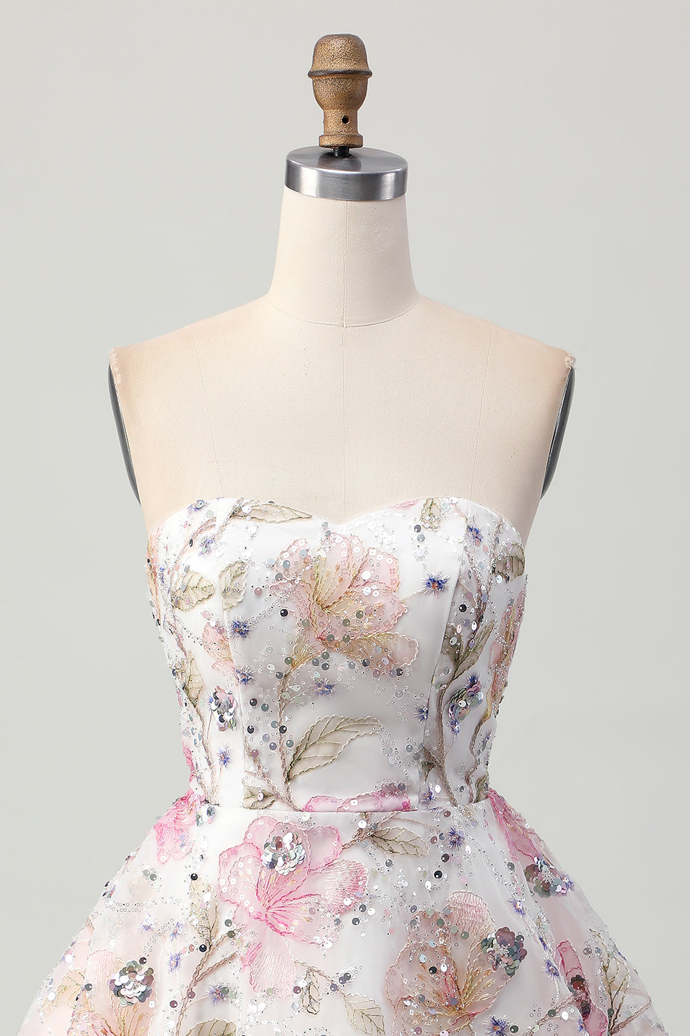 Sparkly A-Line Strapless Pink Floral Short Cocktail Dress with Sequins