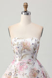 Sparkly A-Line Strapless Pink Floral Short Cocktail Dress with Sequins