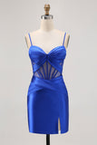 Royal Blue Satin Bodycon Ruched Short Corset Cocktail Dress with Slit