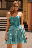 Peacock Green A-Line Corset Tiered Strapless Homecoming Dress