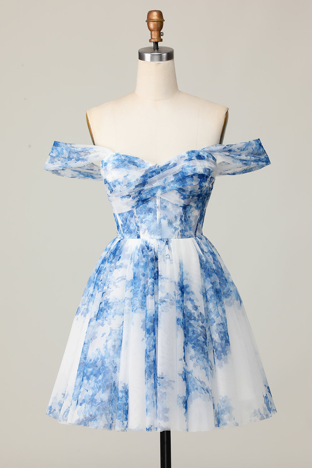 White Blue Floral Corset Off The Shoulder A Line Short Cocktail Dress