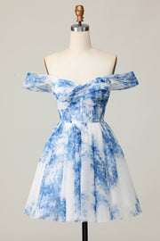 White Blue Floral Corset Off The Shoulder A Line Short Cocktail Dress