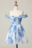 Off the Shoulder White Blue Flower A Line Short Homecoming Dress