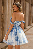 Off the Shoulder White Blue Flower A Line Short Homecoming Dress