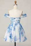 White Blue Floral Corset Off The Shoulder A Line Short Cocktail Dress