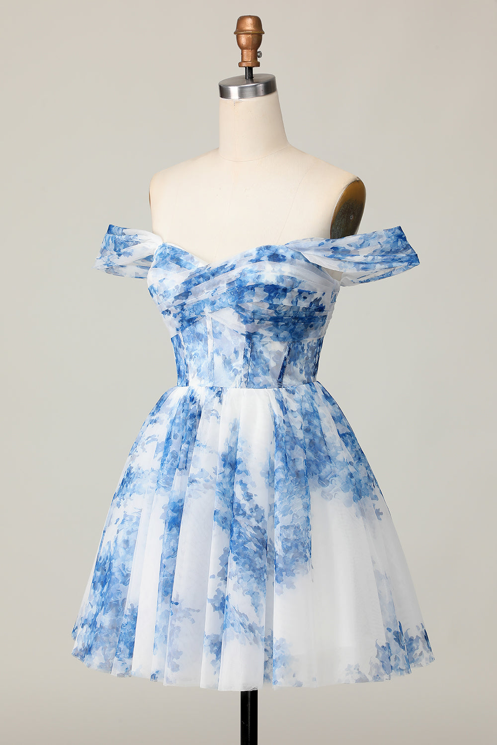White Blue Floral Corset Off The Shoulder A Line Short Cocktail Dress