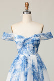 White Blue Floral Corset Off The Shoulder A Line Short Cocktail Dress