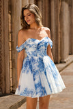 Off the Shoulder White Blue Flower A Line Short Homecoming Dress