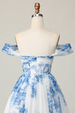 White Blue Floral Corset Off The Shoulder A Line Short Cocktail Dress