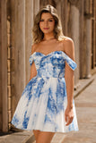 Off the Shoulder White Blue Flower A Line Short Homecoming Dress