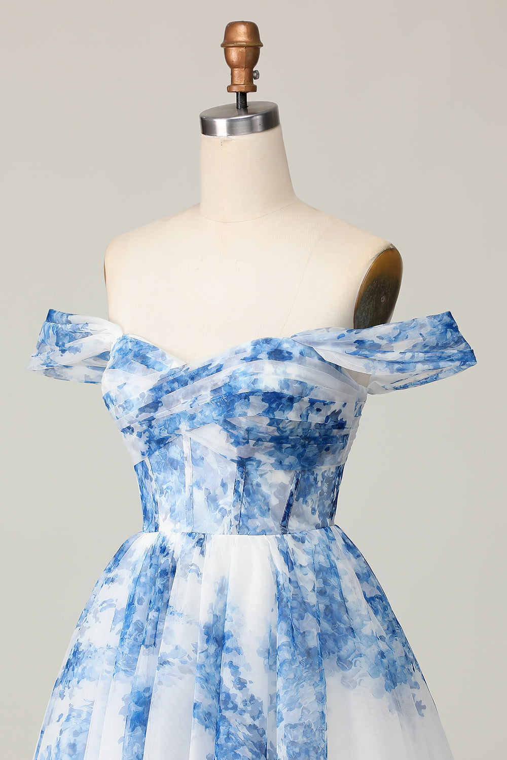 White Blue Floral Corset Off The Shoulder A Line Short Cocktail Dress
