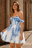 Off the Shoulder White Blue Flower A Line Short Homecoming Dress