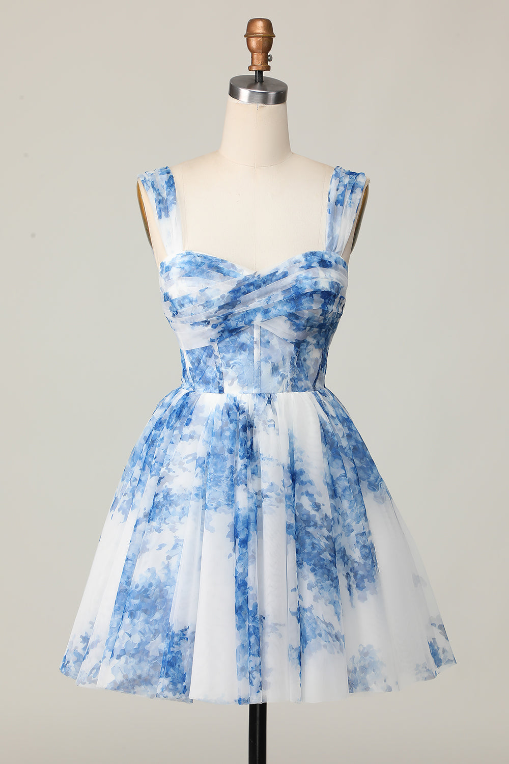 White Blue Floral Corset Off The Shoulder A Line Short Cocktail Dress