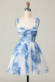 White Blue Floral Corset Off The Shoulder A Line Short Cocktail Dress