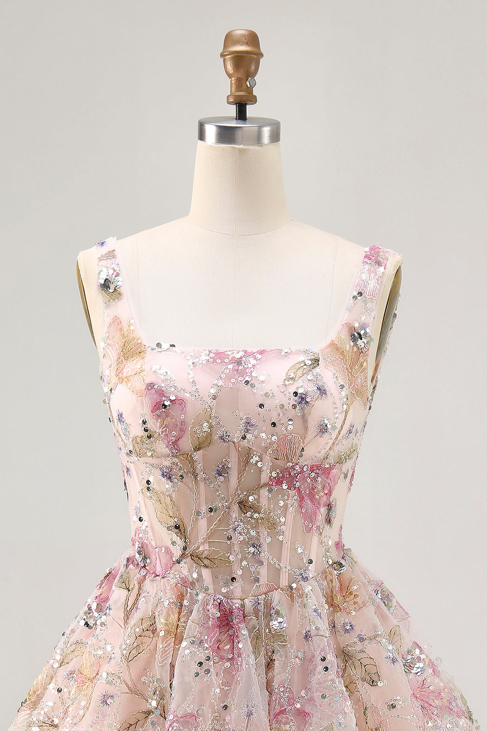 Sparkly Pink Floral Beaded Short Corset Cocktail Dress with Sequins