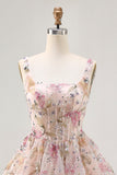 Sparkly Pink Floral Beaded Short Corset Cocktail Dress with Sequins