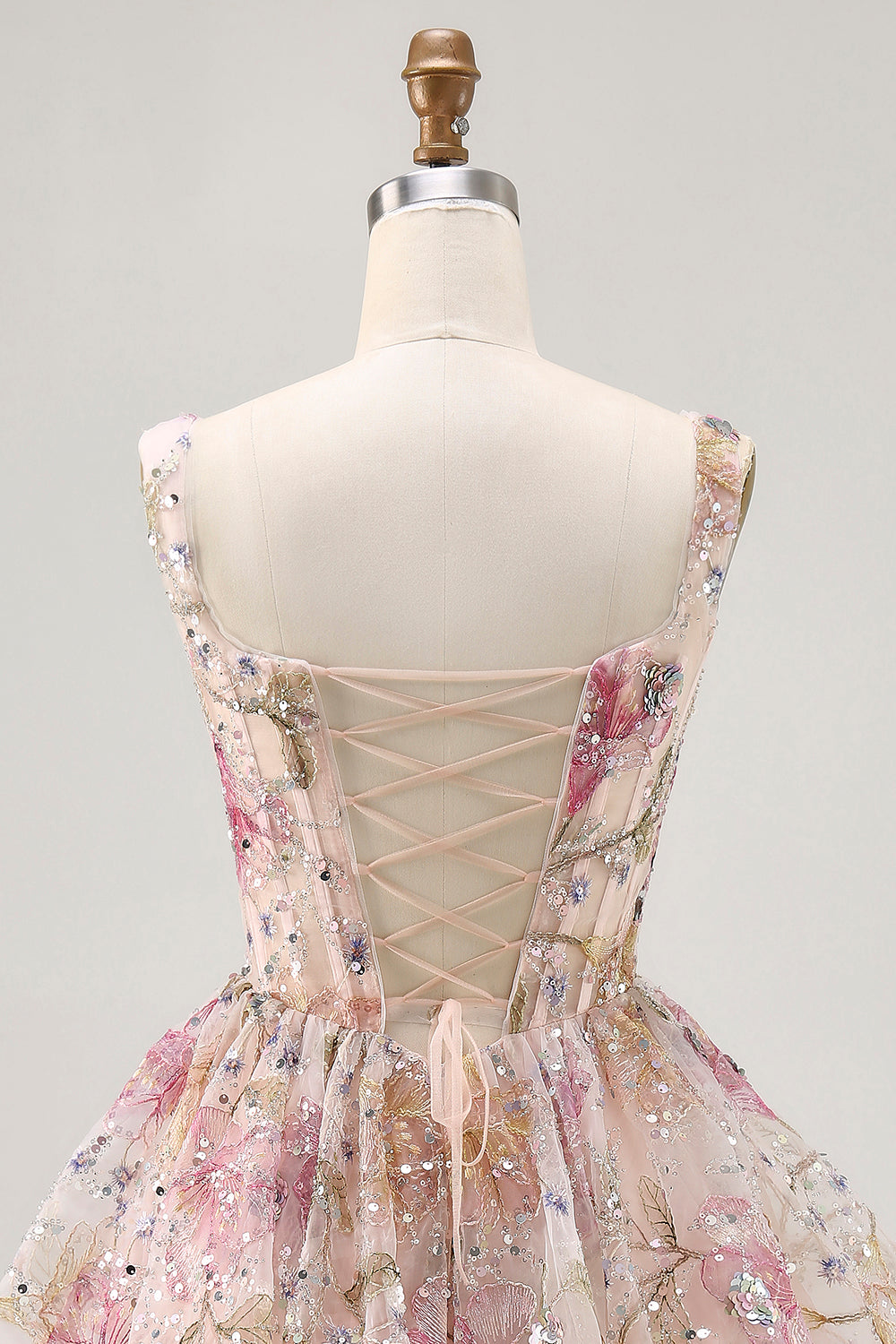 Sparkly Pink Floral Beaded Short Corset Cocktail Dress with Sequins