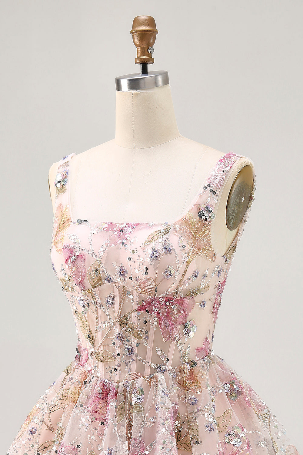 Sparkly Pink Floral Beaded Short Corset Cocktail Dress with Sequins