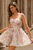 Sparkly A-line Square Neck Sequins Floral Short Homecoming Dress