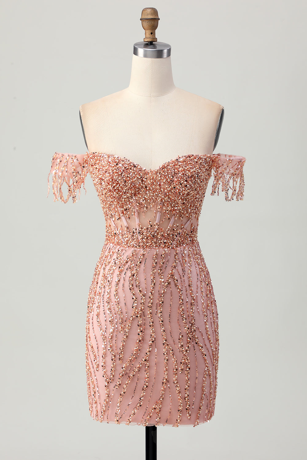 Sparkly Dusty Rose Bodycon Corset Short Cocktail Dress with Fringes