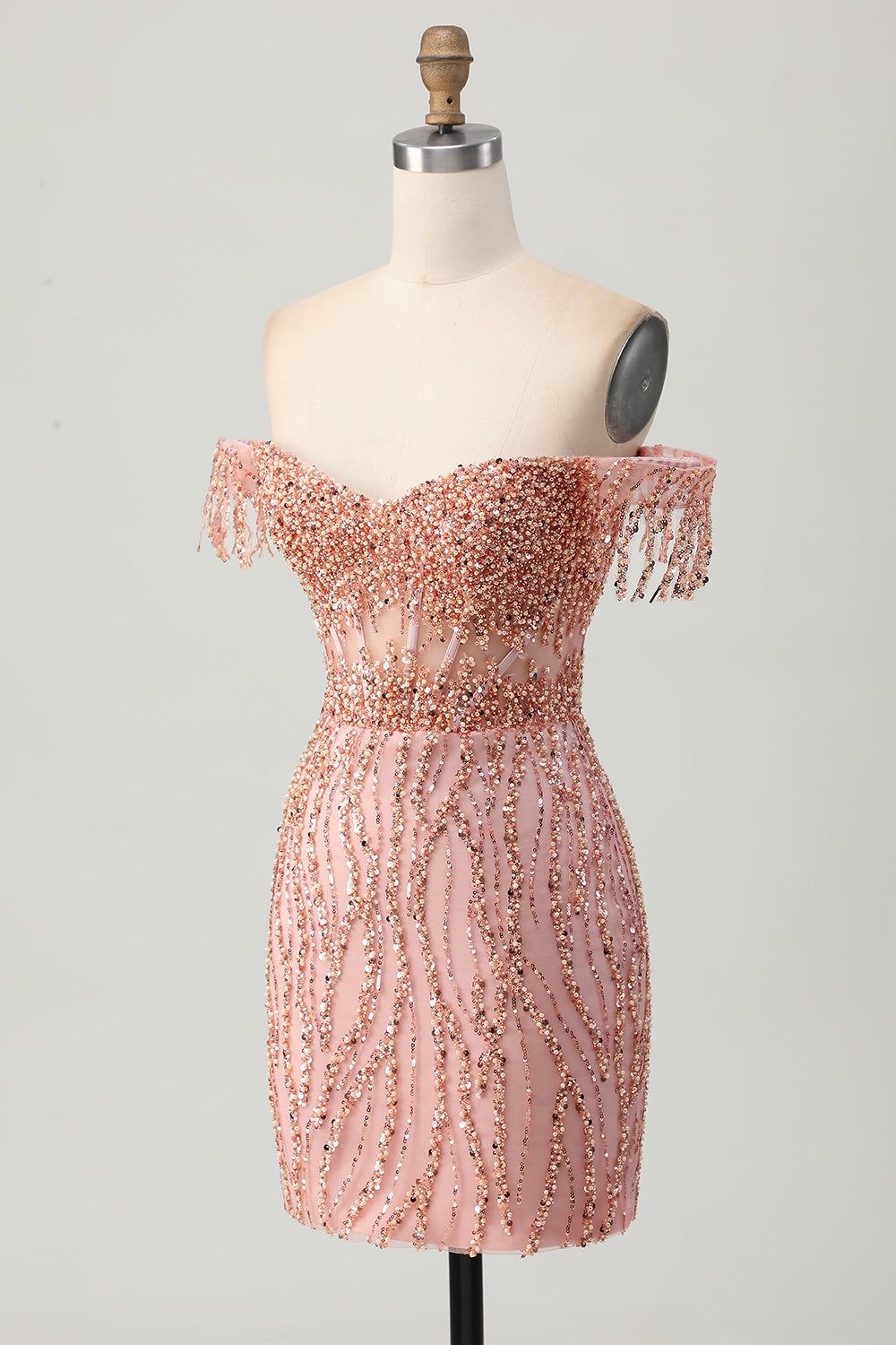 Sparkly Dusty Rose Bodycon Corset Short Cocktail Dress with Fringes