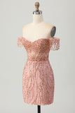 Sparkly Dusty Rose Bodycon Corset Short Cocktail Dress with Fringes