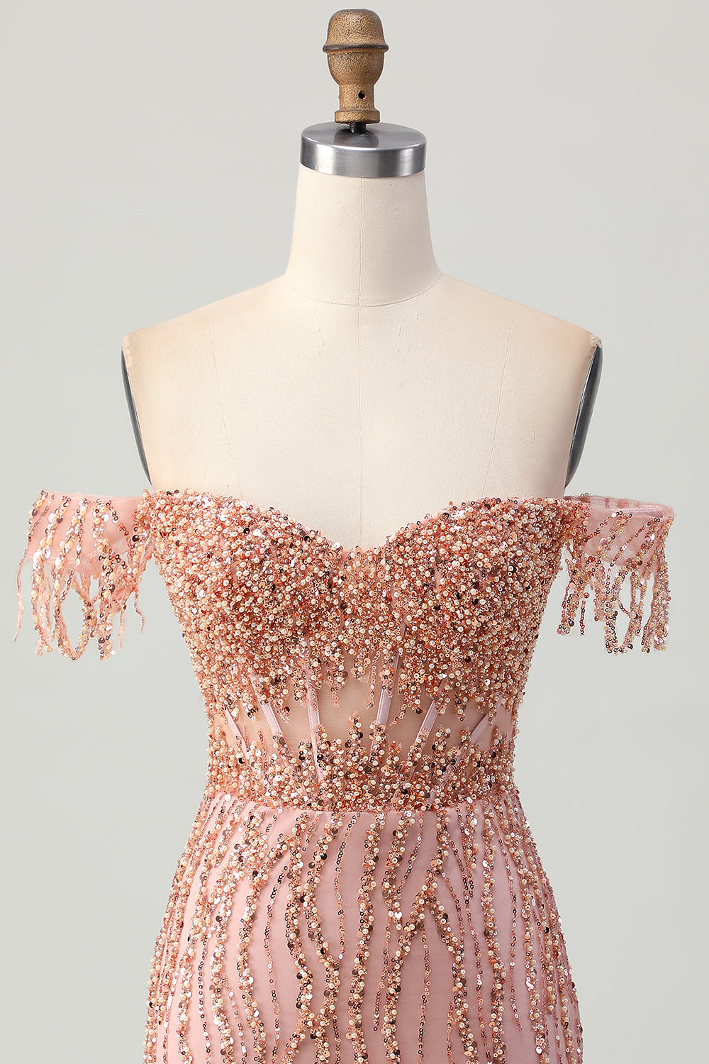 Sparkly Dusty Rose Bodycon Corset Short Cocktail Dress with Fringes