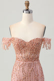 Sparkly Dusty Rose Bodycon Corset Short Cocktail Dress with Fringes