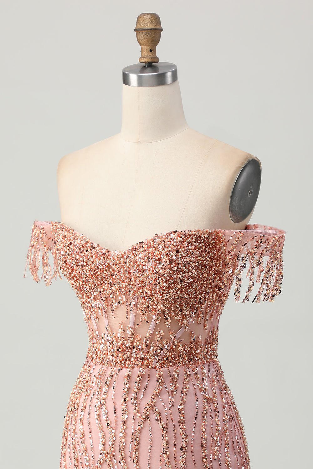 Sparkly Dusty Rose Bodycon Corset Short Cocktail Dress with Fringes