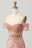 Sparkly Dusty Rose Bodycon Corset Short Cocktail Dress with Fringes