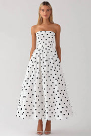 Black and White Satin Strapless Empire Boho Maxi Polka Dot Dress
