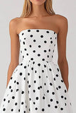 Black and White Satin Strapless Empire Boho Maxi Polka Dot Dress