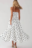 Black and White Satin Strapless Empire Boho Maxi Polka Dot Dress