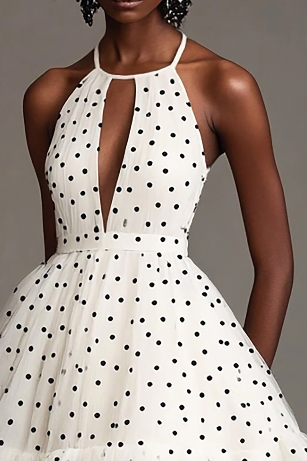 White and Black A Line Tulle Tiered Midi Polka Dot Dress with Ruffles